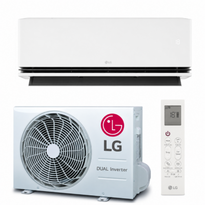 LG DualCool AI Deluxe H-serie aircoset met witte binnenunit, buitenunit en nieuwe afstandsbediening