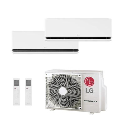 LG DM07 duosplit met twee DUALCOOL AI Deluxe binnenunits, twee afstandsbedieningen en één buitenunit