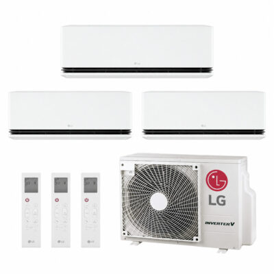 LG DM07 triplesplit met drie DUALCOOL AI Deluxe binnenunits, drie afstandsbedieningen en één buitenunit